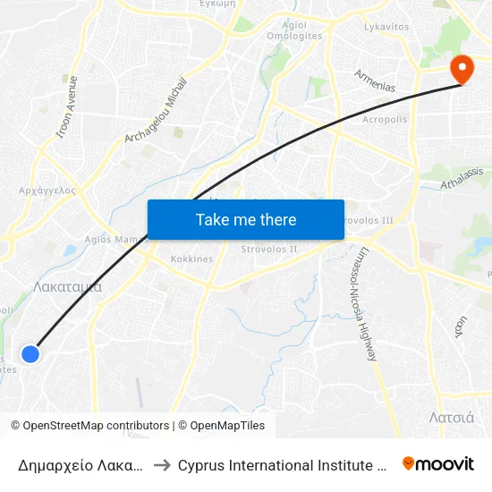 Δημαρχείο Λακατάμειας 2 to Cyprus International Institute Of Management map