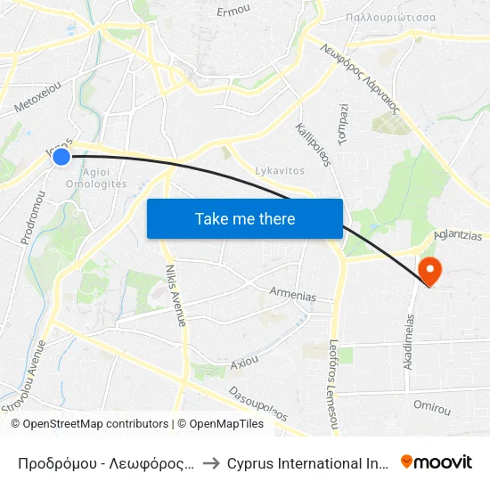 Προδρόμου  - Λεωφόρος Γεωργίου Γρίβα Διγενή to Cyprus International Institute Of Management map