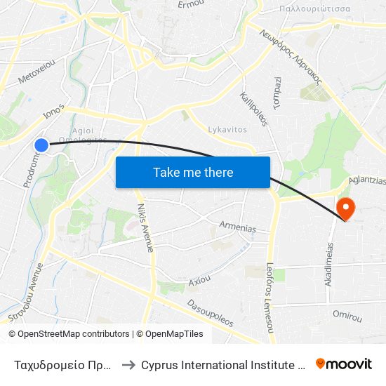 Ταχυδρομείο Προδρόμου 1 to Cyprus International Institute Of Management map