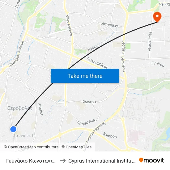 Γυμνάσιο Κωνσταντινουπόλεως 1 to Cyprus International Institute Of Management map