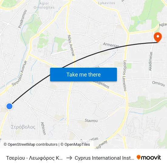 Τσερίου - Λεωφόρος Κωνσταντινουπόλεως to Cyprus International Institute Of Management map