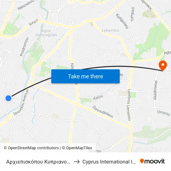 Αρχιεπισκόπου Κυπριανού - Παναγίας Χρυσελεούσης to Cyprus International Institute Of Management map