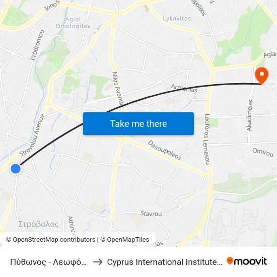 Πύθωνος - Λεωφόρος Τσερίου to Cyprus International Institute Of Management map