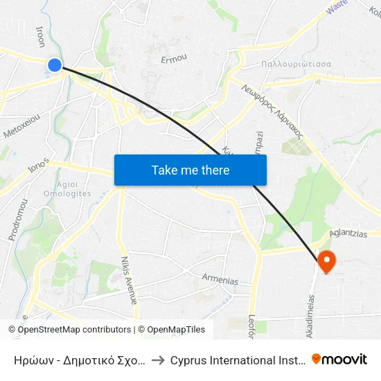 Ηρώων - Δημοτικό Σχολείο Αγίου Ανδρέα 2 to Cyprus International Institute Of Management map
