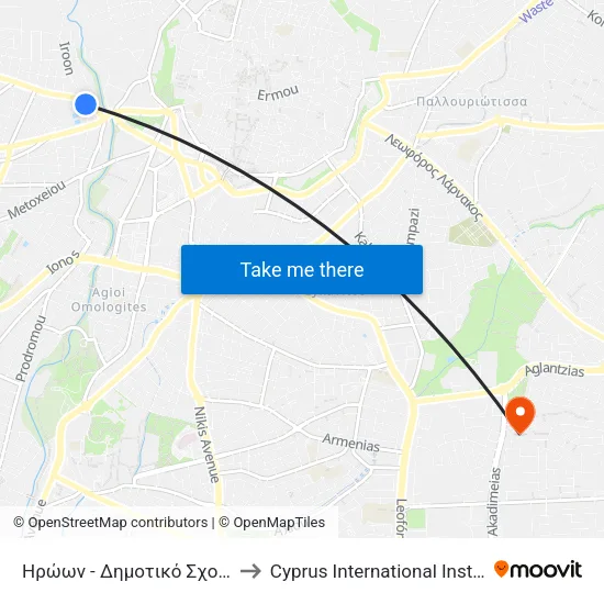 Ηρώων - Δημοτικό Σχολείο Αγίου Ανδρέα 1 to Cyprus International Institute Of Management map
