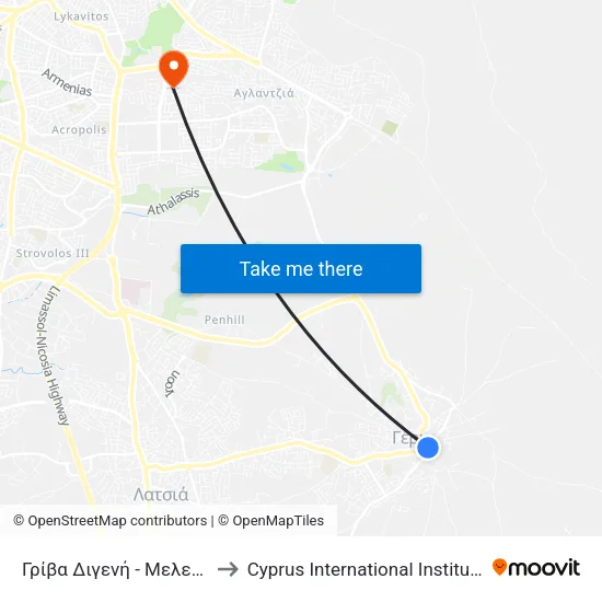 Γρίβα Διγενή - Μελετίου Μεταξάκη to Cyprus International Institute Of Management map