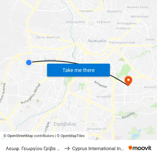 Λεωφ. Γεωργίου Γρίβα Διγενή - Νέας Έγκωμης to Cyprus International Institute Of Management map