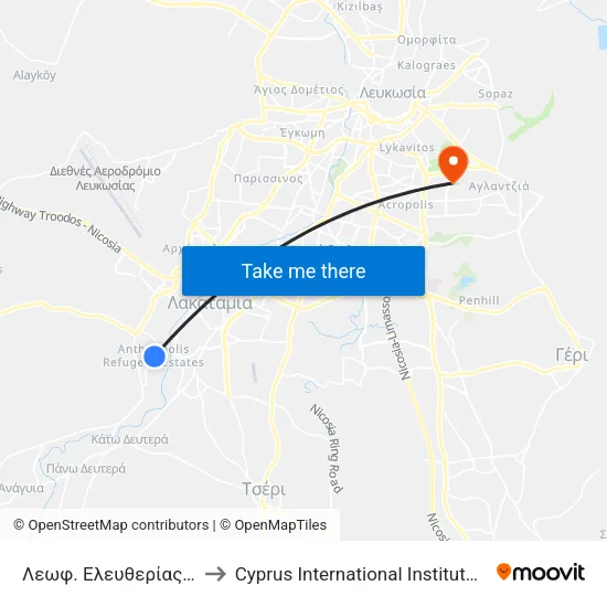 Λεωφ. Ελευθερίας - Αντιγόνης to Cyprus International Institute Of Management map