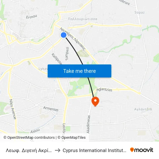 Λεωφ. Διγενή Ακρίτα - Αρχέμου to Cyprus International Institute Of Management map