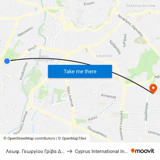 Λεωφ. Γεωργίου Γρίβα Διγενή - Μετόχι Κύκκου 2 to Cyprus International Institute Of Management map