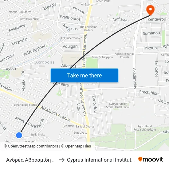 Ανδρέα Αβρααμίδη - Αρεταίειο 1 to Cyprus International Institute Of Management map