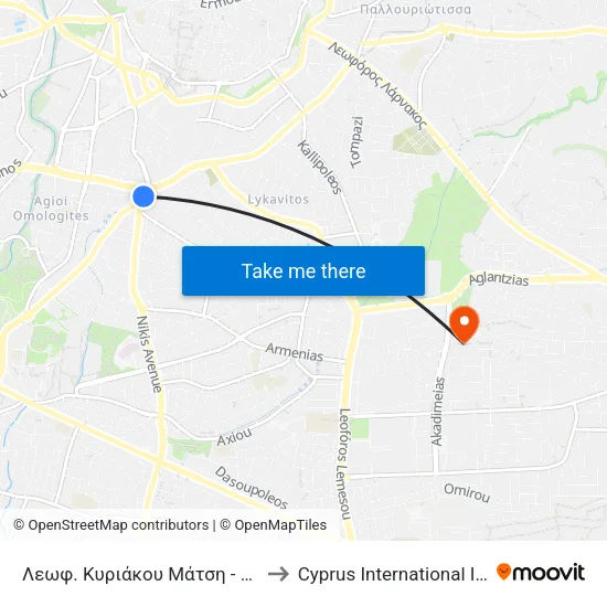 Λεωφ. Κυριάκου Μάτση - Λεωφ. Γεωργίου Γρίβα Διγενή to Cyprus International Institute Of Management map