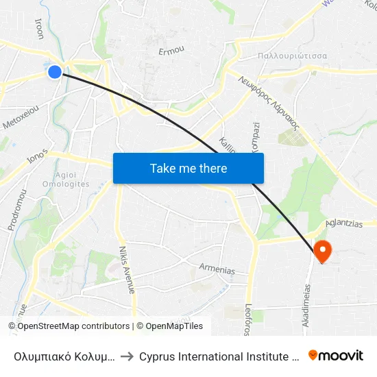 Ολυμπιακό Κολυμβητήριο 1 to Cyprus International Institute Of Management map