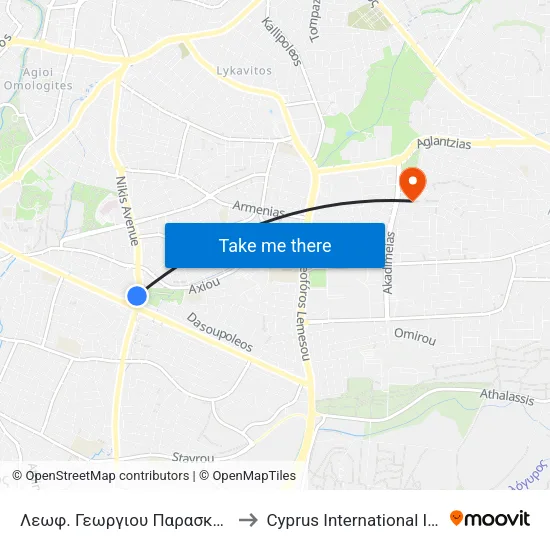 Λεωφ. Γεωργιου Παρασκευαΐδη - Πάρκο Ακρόπολης 2 to Cyprus International Institute Of Management map
