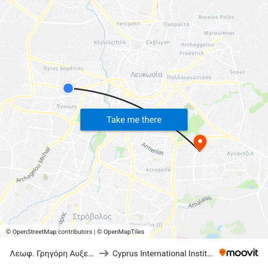 Λεωφ. Γρηγόρη Αυξεντίου - Ταινάρου to Cyprus International Institute Of Management map