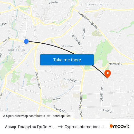 Λεωφ. Γεωργίου Γρίβα Διγενή - Κώστα Χατζόπουλου to Cyprus International Institute Of Management map
