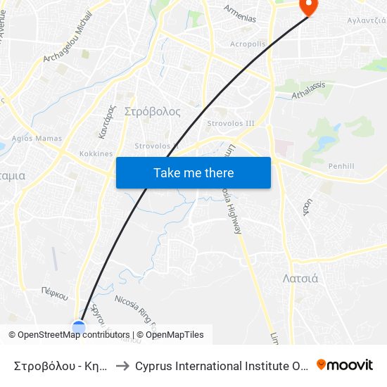 Στροβόλου - Κηφισίας 1 to Cyprus International Institute Of Management map