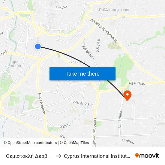 Θεμιστοκλή Δέρβη - Φλωρίνης to Cyprus International Institute Of Management map