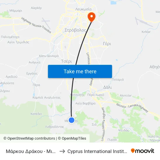 Μάρκου Δράκου - Μιχαλάκη Καραολή to Cyprus International Institute Of Management map