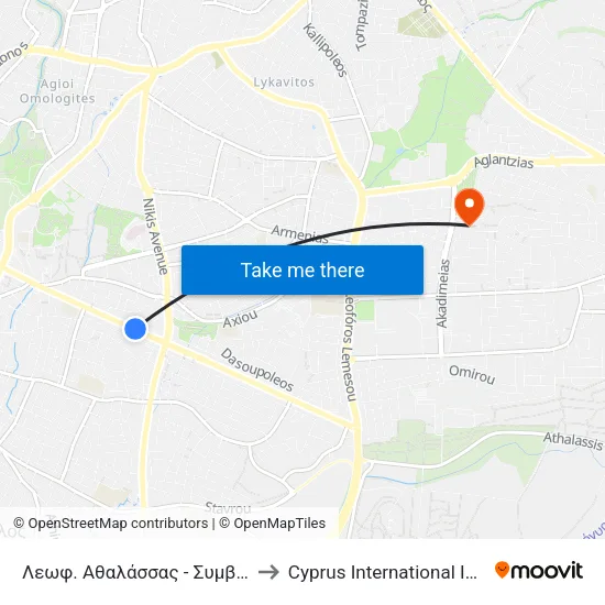 Λεωφ. Αθαλάσσας - Συμβούλιο Υδατοπρομήθειας 2 to Cyprus International Institute Of Management map