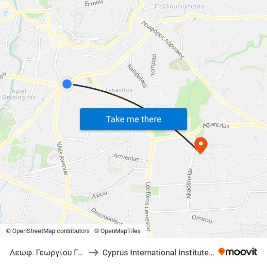 Λεωφ. Γεωργίου Γρίβα Διγενή to Cyprus International Institute Of Management map