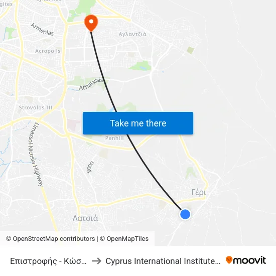 Επιστροφής - Κώστα Βάρναλη to Cyprus International Institute Of Management map