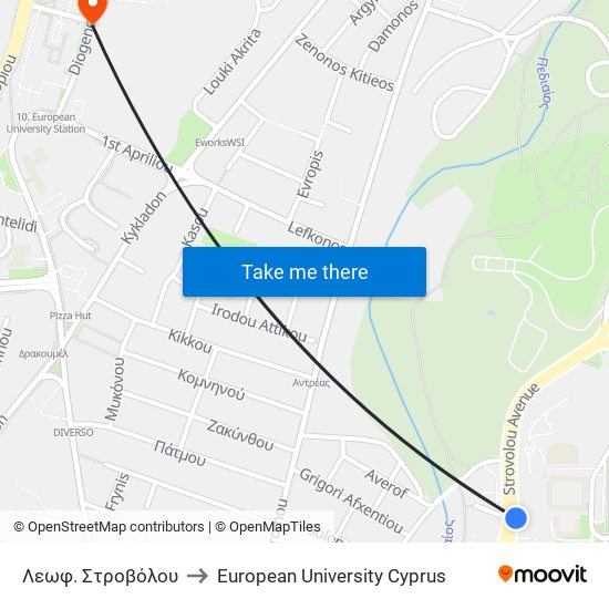 Λεωφ. Στροβόλου to European University Cyprus map