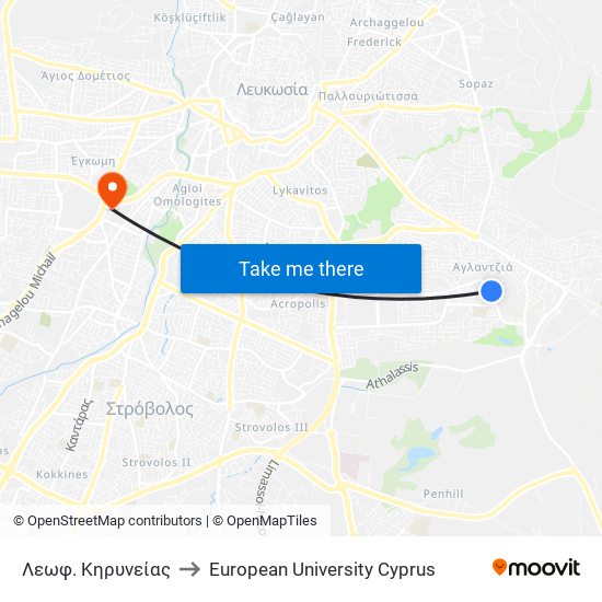 Λεωφ. Κηρυνείας to European University Cyprus map