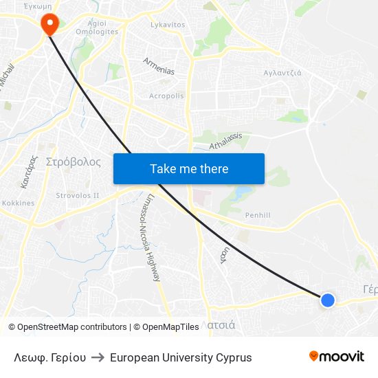 Λεωφ. Γερίου to European University Cyprus map