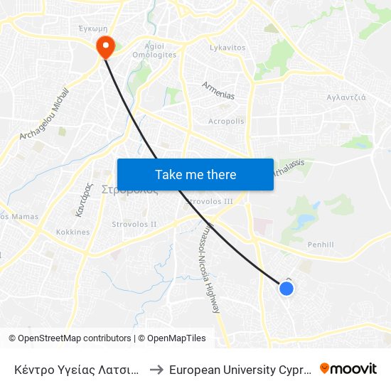 Κέντρο Υγείας Λατσιών to European University Cyprus map