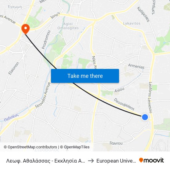 Λεωφ. Αθαλάσσας - Εκκλησία Αποστόλου Βαρνάβα 1 to European University Cyprus map