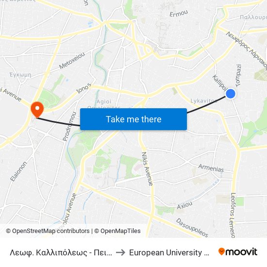 Λεωφ. Καλλιπόλεως - Πειραιώς to European University Cyprus map