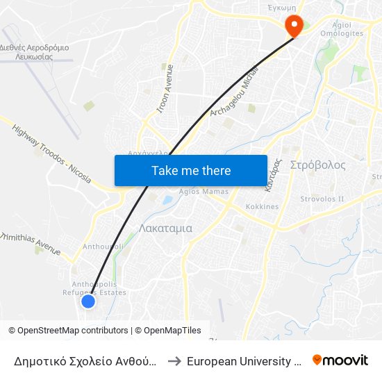 Δημοτικό Σχολείο Ανθούπολης 2 to European University Cyprus map