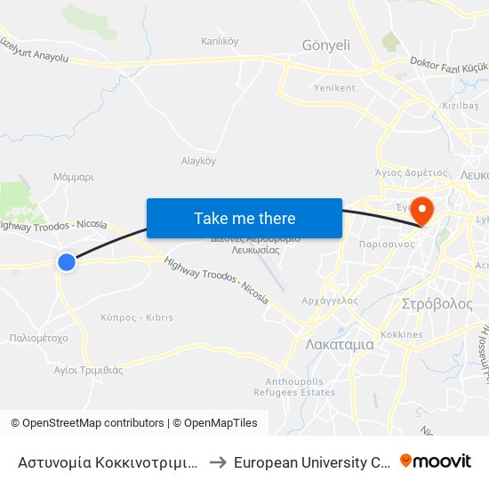 Αστυνομία Κοκκινοτριμιθιάς 2 to European University Cyprus map