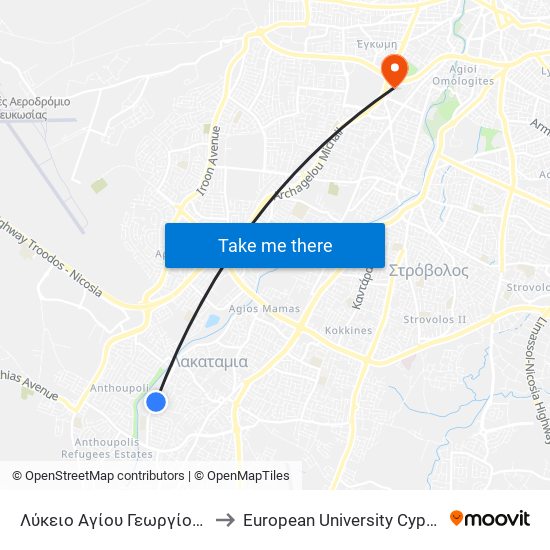 Γρ. Διγενή - Γυμν. Αγίου Γεωργίου to European University Cyprus map