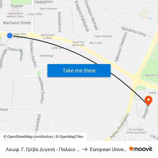 Λεωφ. Γ. Γρίβα Διγενή - Παλαιο Κοιμητήριο Έγκωμης to European University Cyprus map