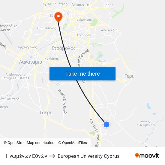 Ηνωμένων Εθνών to European University Cyprus map