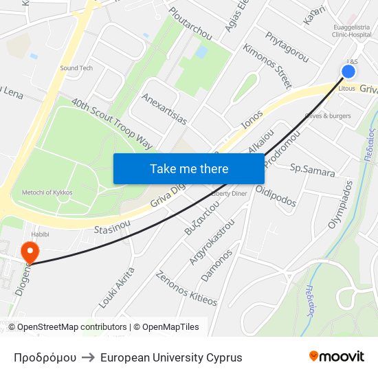 Προδρόμου to European University Cyprus map