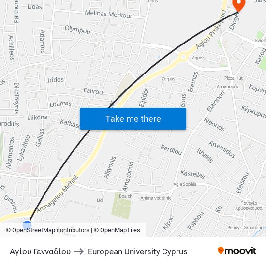 Αγίου Γενναδίου to European University Cyprus map