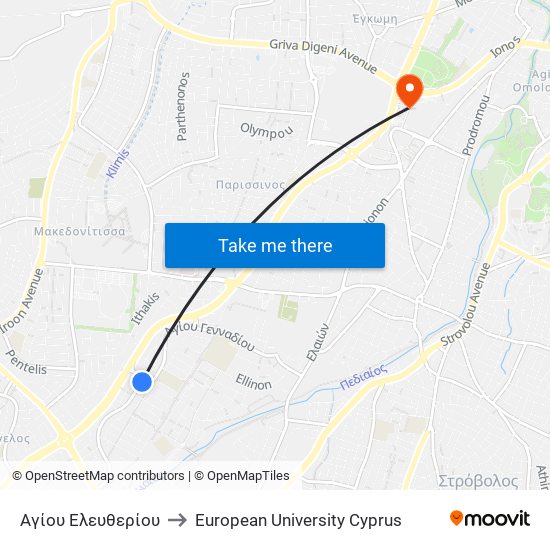 Αγίου Ελευθερίου to European University Cyprus map