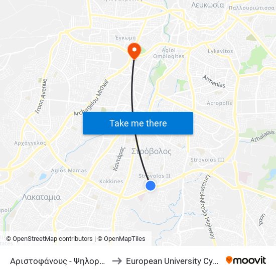 Αριστοφάνους to European University Cyprus map