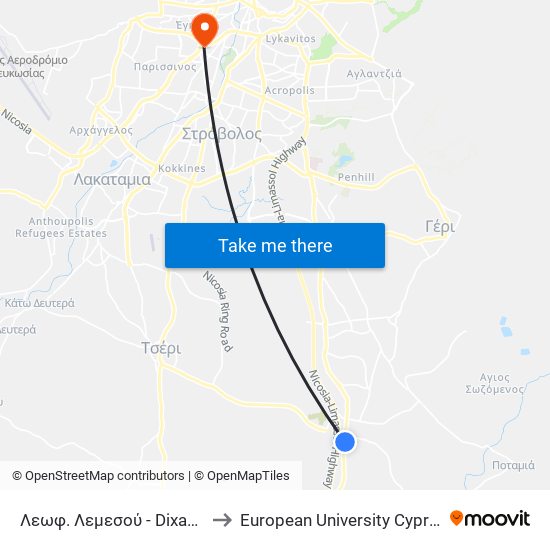 Λεωφ. Λεμεσού - Dixan 1 to European University Cyprus map