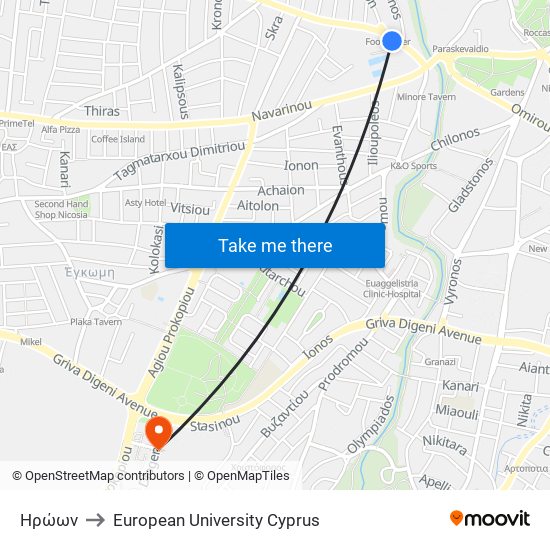 Ηρώων to European University Cyprus map
