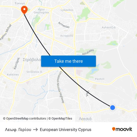 Λεωφ. Γερίου to European University Cyprus map