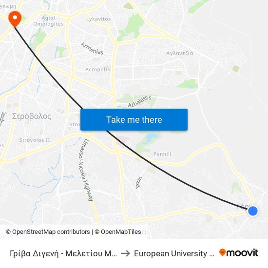 Γρίβα Διγενή to European University Cyprus map