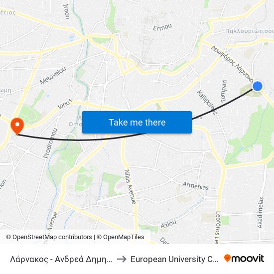 Λάρνακος - Ανδρεά Δημητρίου to European University Cyprus map