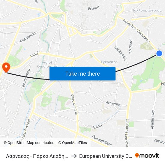 Λάρνακος - Πάρκο Ακαδημίας 2 to European University Cyprus map