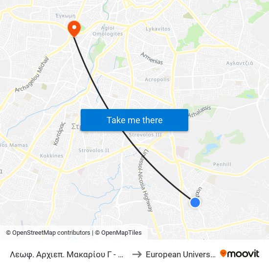 Λεωφ. Αρχιεπ. Μακαρίου Γ - Νίκου Ευαγόρου to European University Cyprus map