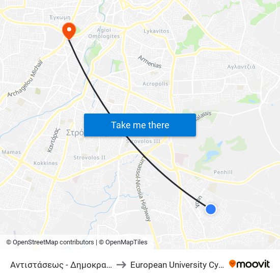 Αντιστάσεως to European University Cyprus map