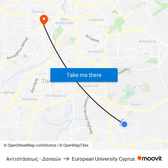 Αντιστάσεως - Δαναών to European University Cyprus map